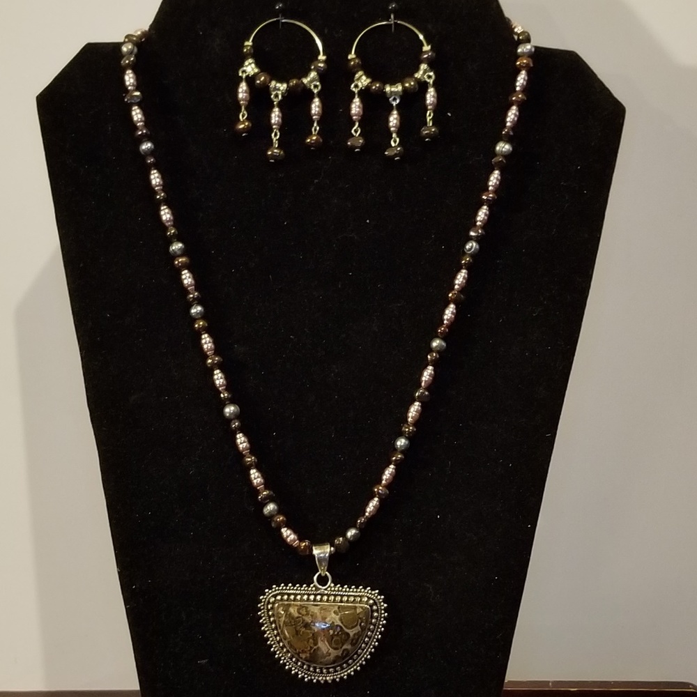 Sterling Silve Fossil Jasper and pearl Necklace